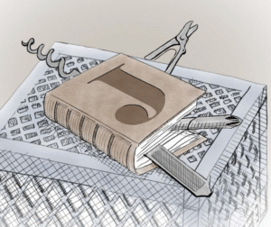A crate that has a book resting on it with a corkscrew, nail file, screw driver, and scissors poking out of the book as if it were a Swiss Army knife.
